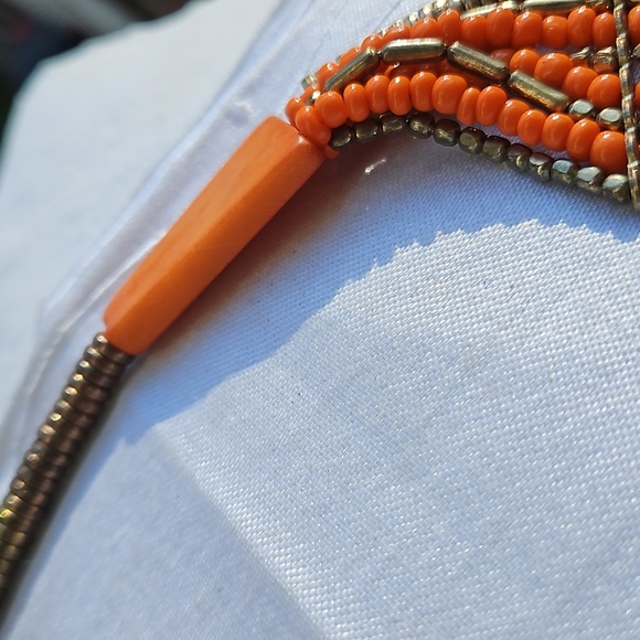 Bright Orange and Gold Toned Bead Multi Strand Expanding Bead Necklace #171 - Picture 4 of 5